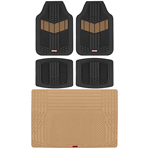 Motor Trend FlexTough Beige Floor Mats for Cars & Cargo Mat Full Set - All Weather Front & Rear Rubber Automotive Floor Mats & Cargo Liner for SUV, Car, & Van - Interior Trunk Mat & Floor Cover