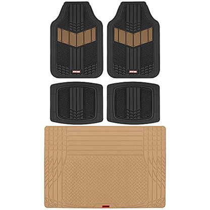 Motor Trend FlexTough Beige Floor Mats for Cars & Cargo Mat Full Set - All Weather Front & Rear Rubber Automotive Floor Mats & Cargo Liner for SUV, Car, & Van - Interior Trunk Mat & Floor Cover