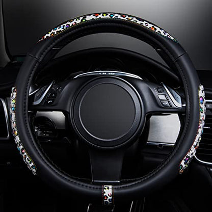 Flying Banner car Steering Wheel Cover Gel Massage Velvet Cool Warm Universal Size 15 inches SUV Truck Anti Slip Odorless Summer Winter (Black Leopard, Gel Massage) - color: Black Leopard