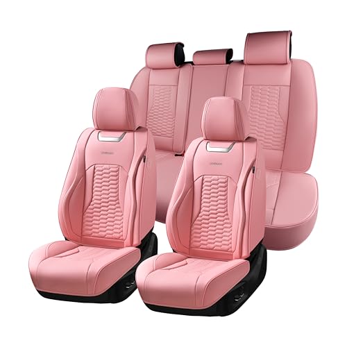 Coverado Car Seat Covers Full Set, 5 Seats Pink Seat Covers for Cars, Nappa Leather Waterproof Car Seat Covers Automotive Seat Covers Interior Accessories Universal Fit Most Cars - color: Pink, size: FullSet