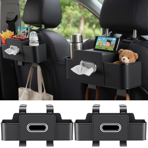 2 Pack Back Seat Car Organizer, Multifunctional Car Organizer Seat Back, with Tissue Box Holder, 2 Cup Holders & 2 Cup Hooks for Phone, Drinks, Toy, Snacks for Keeping Cars Tidy, Fits Most Vehicles