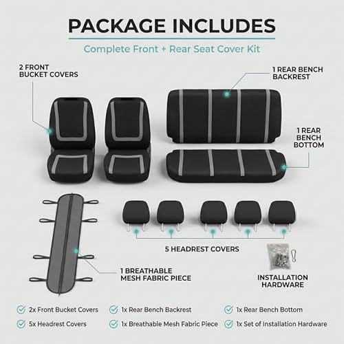 FH Group Car Seat Covers Unique Flat Cloth Full Set Automotive Seat Covers Front Set and Rear Solid Bench Gray Black Seat Covers w. Gift Universal Fit Interior Accessories for Cars Trucks and SUVs - color: Gray
