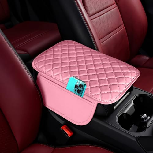 Upgraded Car Center Console Cover Pink,Microfiber Leather Car Armrest Cover Cushion with 2 Storage Bags,Universal Car Armrest Storage Box Car Interior Accessories for Most Vehicles (Pink) - color: Pink