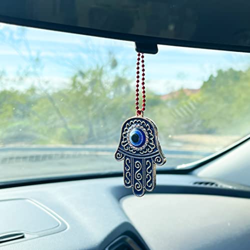 Sonoran Souvenirs Blue Hamsa Evil Eye Charm for Car Rear View Mirror - Spiritual Protection Ward - Lucky Automobile Decor - Protection Car Hanging Decor Ornament with Chain - Hand of Fatima