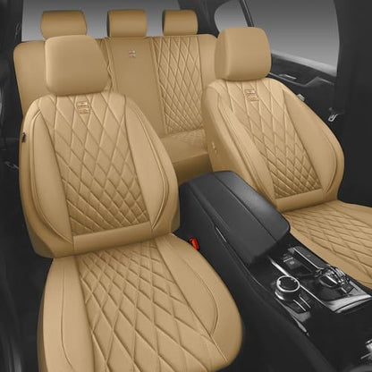 CAR PASS Piping Luxury Leather Seat Covers Full Set,5 Seats Leatherette Anti-Slip Waterproof Seat Covers Compatible with Front Armrests,Universal Fit for Suvs,Vans,Trucks,Airbag Compatible,Pure Beige - color: Pure Beige, size: Full Set