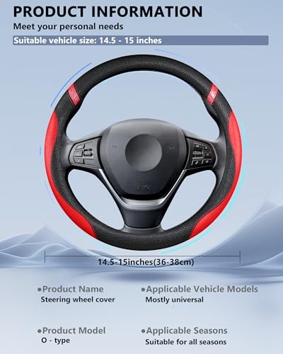 Steering Wheel Cover for Women Leather Universal Steering Wheel Cover for Car 15 inch (Red) - color: Red