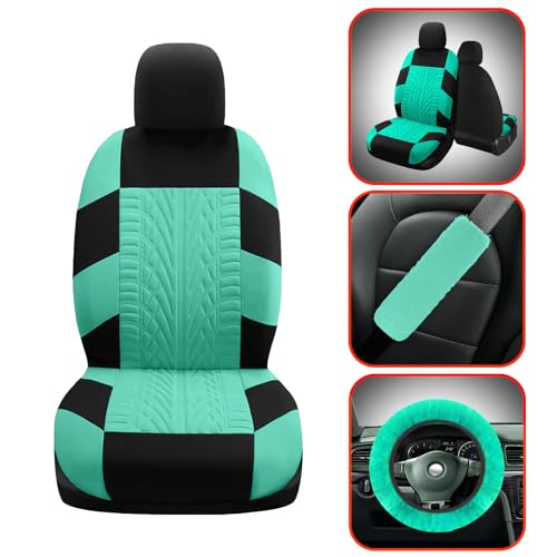 17 Car Seat Cover Full Set for Women,Universal Car Seat Cover,Plush Steering Wheel Cover,Fluffy Soft Wool Handbrake Gear,Suspension Accessories Full SUV (Patterned Mint Green) - color: Patterned Mint green