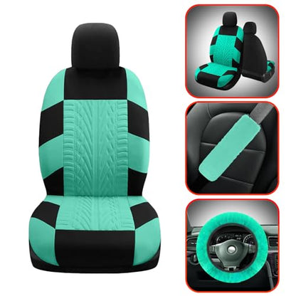 17 Car Seat Cover Full Set for Women,Universal Car Seat Cover,Plush Steering Wheel Cover,Fluffy Soft Wool Handbrake Gear,Suspension Accessories Full SUV (Patterned Mint Green) - color: Patterned Mint green