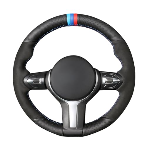 MEWANT Hand-Stitched Steering Wheel Cover for BMW (M Sport) F22 F23 F30 F34 F32 F33 F36 F10 F07 F12 F13 F06 F39 F25 F26 F15 F16, DIY Custom Fit Steering Wheel Wrap for BMW - color: 39:black perforated leather + black suede