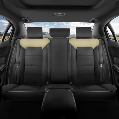 Motorbox Classic Edition Bench Seat Cover, Premium Faux Leather Back Seat Covers for Cars Trucks Vans SUV, Rear Car Seat Covers Back Seats Only, Automotive Interior Cover - Beige - color: Black/Beige Rear Seat