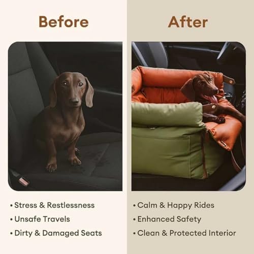FUNNYFUZZY Luxury Dog Car Seat for Small Medium Dogs Under 35 lbs, Waterproof Leather Pet Booster Seat with Safety Leash & Anti-Slip Base, Fully Padded Dog Car Bed, Portable Puppy Carrier(Green)
