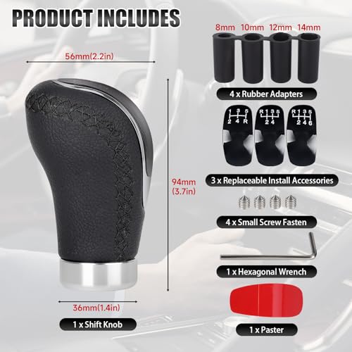 Universal 5/6 Speed Leather Car Racing Gear Shift Shifter knob,Artificial Leather and ABS Black Stitching Shift Knob with 4 Adapters,Replaceable 3 Gear Position Pastors(Black+Black Line) - color: 5/6 Speed Leather(Black+Black Line)