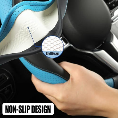 Microfiber Leather D Shaped Steering Wheel Cover, Breathable, Anti Slip, Universal 15 inch, Black with Blue - color: Black Blue, size: D Shape-Middle[14.5''-15'']