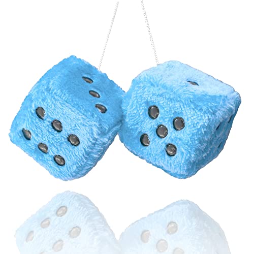 Fuzzy Plush Dice for Car Mirror, Pair of Retro 3” Light Blue Dice with Black Dots for Car Interior Hanging Ornament Decoration - color: Light Blue