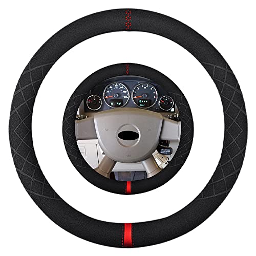 Suede Steering Wheel Cover,Compatible with Jeep Cherokee Grand Cherokee Liberty Wrangler Compass Suede Leather Sport Non-Slip Wheel Cover Car Interior Accessories 15 inch for Man and Women - color: Fit Jeep O Shape Suede Red Mark in Black, size: 15 inch