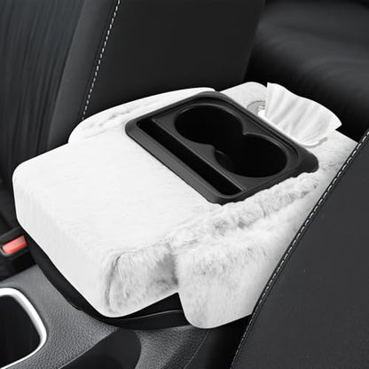 wuyaoyao Car Center Console Armrest Pillow, 13.78"×7.87"×2.76" Soft Plush Arm Rest Cover for Cars, 5-in-1 Warm Fluffy Auto Armrest Cushion Pad w/Pocket, Tissue Box, Cup Holder (White) - color: White