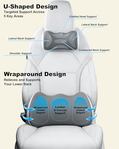 Car Lumbar Support and Neck Support Headrest Pillow Kit, Ergonomic Memory Foam Cushion for Sciatica & Tailbone Pain Relief – Fits Car Seat, Office Chair & Wheelchair