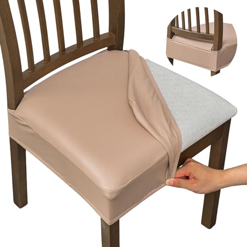 NILUOH Waterproof Seat Covers for Dining Room Chairs Set of 4, Pu Leather Chair Seat Slipcovers Dining Chair Cover Removable Washable Chair Protctor Cover, Rear Covers (PU-Khaki) - color: Pu-khaki, size: 4 Pcs-Regular