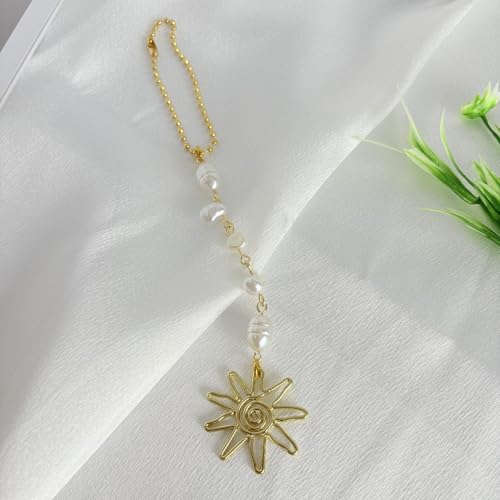 Sun Hanging Car Charm,Green and Gold Rear View Mirror Accessories Cute Boho Dangling Sun Car Decor Handmade Healing Crystals Stones Ornament Gifts for Women Men (White Pearl)