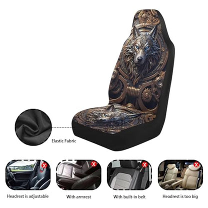 Blue & Gold Punk Wolf Print Car Front Seat Covers, Thin Breathable Easy to Install Automotive Bucket Seat Covers Fits Most Cars SUV Trucks, 2 Piece - color: Blue & Gold Punk Wolf