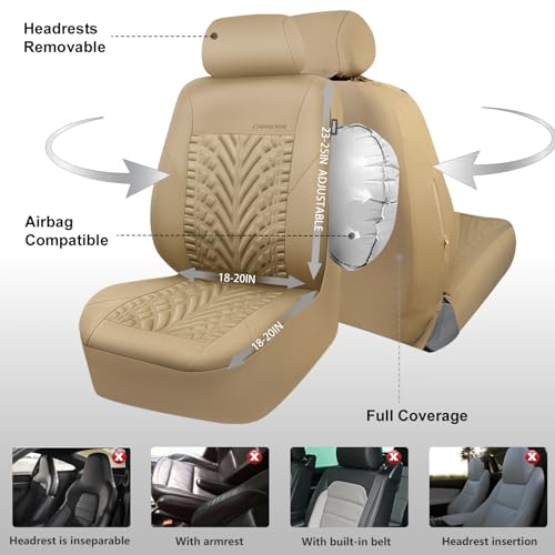 CAR PASS Neoprene Waterproof Seat Covers Full Sets, Wetsuit Car Seat Covers 5 Seats Universal Fit for Vans, Truck, SUV, 3D Tyre Embossed Seat Covers Anti Slip with Armrests, Aibag Compatible All Beige - color: all Beige Neoprene, size: Full sets