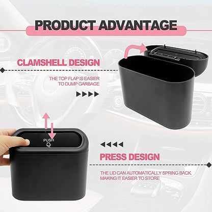 Car Trash Can with Lid Leakproof Mini Vehicle Trash Bin and One Roll Plastic Trash Bag Automotive Garbage Container Bin for Vehicle Home Office (Black)