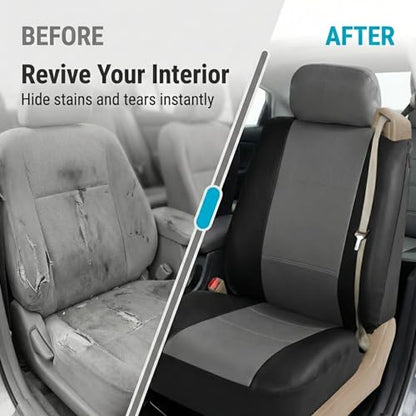 FH Group PU309102 All-Purpose Built-in Seat Belt PU Leather Seat Covers (Gray) Front Set – Universal Fit for Cars Trucks & SUVs - color: Gray/Black - Low Back (Faux Leather), size: Front Set