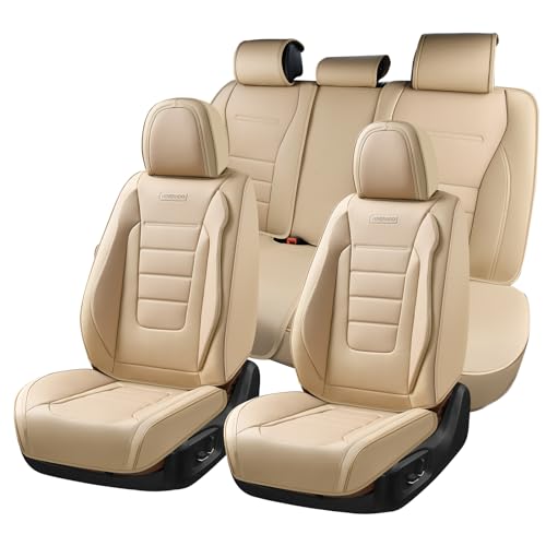 Coverado Front and Back Seat Covers for Cars, Nappa Leather Car Seat Covers, Automotive Seat Covers for Trucks, 5 Seats Waterproof Carseat Protector Car Seat Cover Beige, Universal Fit for Most Cars - color: Beige, size: FullSet