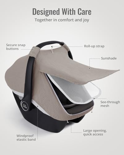 Blissful Diary Baby Car Seat Cover, Extra Large Mesh Window, Breathable Muslin Cotton, Infant Windproof Canopy, Agreeable Gray - color: Agreeable Gray