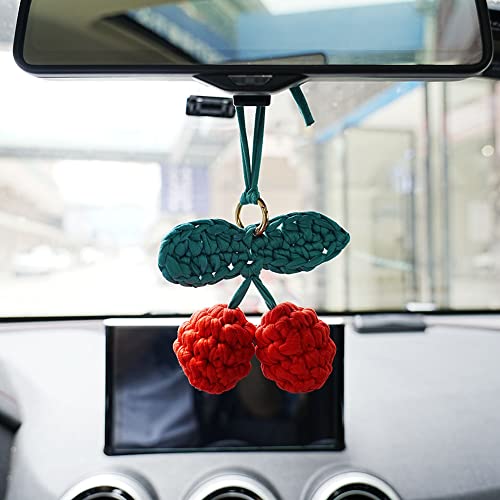 Crochet Cherry Car Mirror Hanging Accessories, Hand Knitted Cute Cherries Pendant Charm for Rear View Mirror, Aesthetic Car Decor Interior Accessories for Women Teen Girls, Lucky Charm Birthday Gift