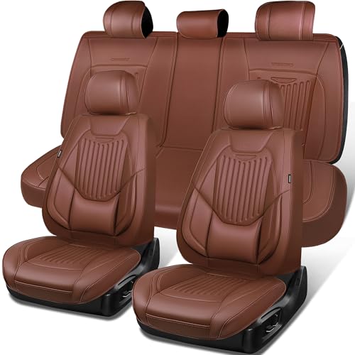 CAR PASS Luxury Nappa Leather Car Seat Covers Full Set, Lumbar Support Seat Covers for Car 5 Seats, Waterproof Car Seat Protector, Automotive Seat Covers Universal Fit for Most Sedans SUV Trucks Brown - color: brown