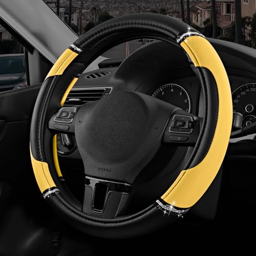 Road Comforts Leather Steering Wheel Cover - Made with PVC Leather - Anti-Slip, Universal Fit 14 1/2 inches to 15 inches - Yellow - color: Yellow