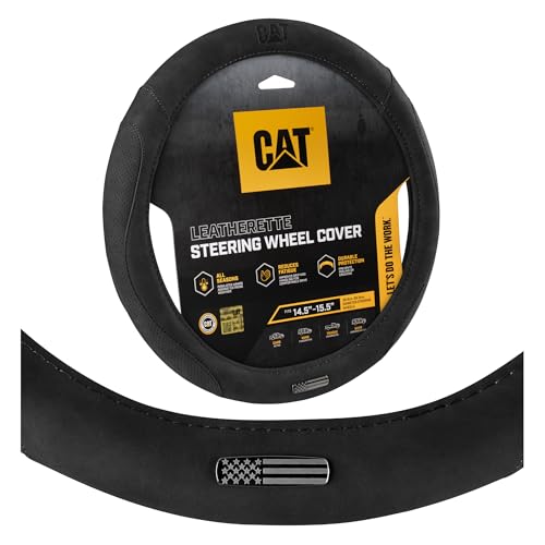 Cat® US Flag Leather Steering Wheel Cover w Metal Flag Emblem, Black Leatherette, Standard 14.5–15.5 Inch, Non Slip Comfort, Car Steering Wheel Cover for Truck SUV Auto, American Flag Car Accessories - color: Flag Emblem - Black, size: Standard (14.5-15")