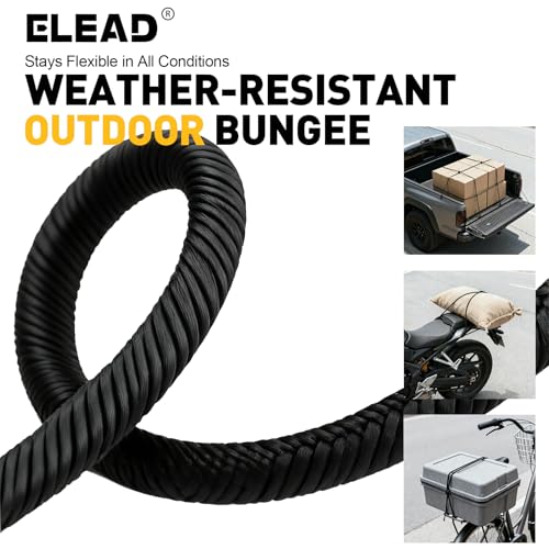 Bungee Cord Roll with 40-Piece Adjustable Hooks, 1/3" x 65ft Heavy Duty Outdoor Bungee Cords, Marine Grade Black Super Elastic Cord with Carabiner Hooks for Cargo, Camping, Bike Racks, Tents