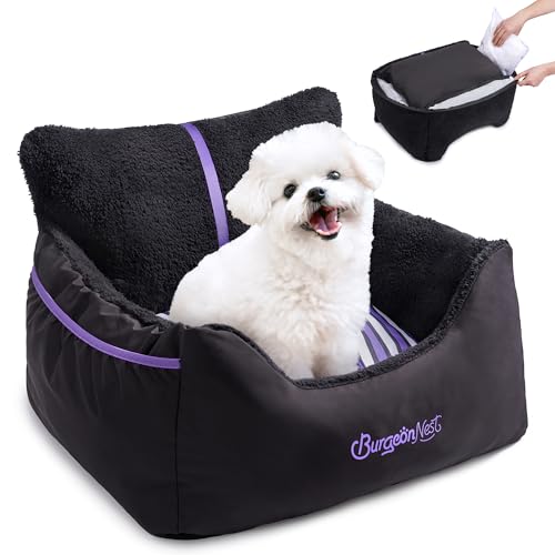 BurgeonNest Dog Car Seat for Small Dogs, Detachable and Washable Cat Carseats Under 25 lbs, Soft Pet Booster Seats with Storage Pockets and Clip-On Leash Portable Car Travel Carrier Bed, Black Purple - color: Black Purple, size: Small