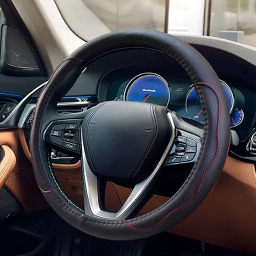 Car Steering Wheel Cover, 15 Inch Leather Anti-Slip Breathable Automotive Steering Wheel Protector, Universal Heat Resistant Vehicle Interior Accessories Cars, SUVs, Trucks(Black&Red) - color: Black&Red