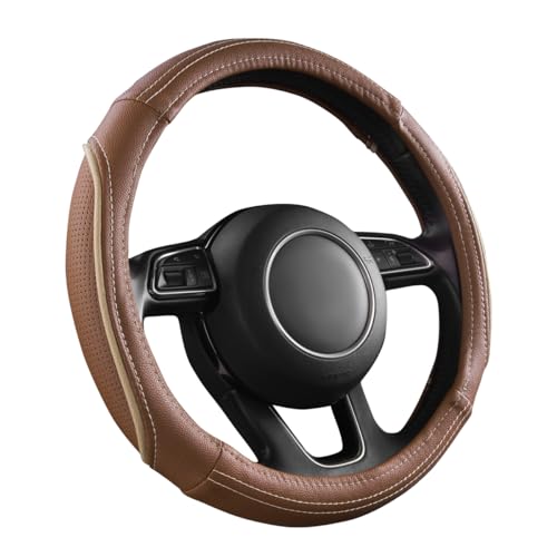 CAR PASS Brown Delux Leather Steering Wheel Cover, Universal Fit for Suvs,Sedans,Vans,Small Trucks for 14.5" to 15"(Brown & Beige Piping) - color: Brown