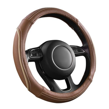 CAR PASS Brown Delux Leather Steering Wheel Cover, Universal Fit for Suvs,Sedans,Vans,Small Trucks for 14.5" to 15"(Brown & Beige Piping) - color: Brown