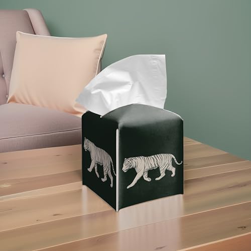 Tiger 5.2-Inch Square PU Leather Tissue Box Cover – Tiger Print, Tiger Decor, Hand-Stitched, Removable Liner, Bathroom, Bedroom, Living Room, Office, Car - color: White