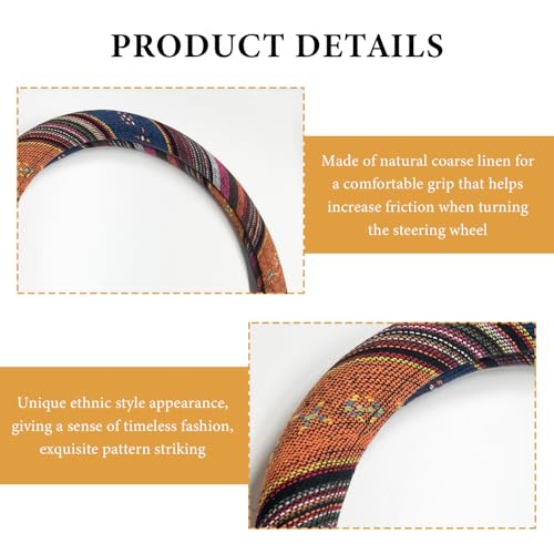 Boho Steering Wheel Cover, 15 Inch Coarse Flax Cloth Ethnic Style Anti-Slip Car Wheel Wrap, Universal Breathable Bohemian Steering Wheel Protector for Cars Vans Trucks (C) - color: C