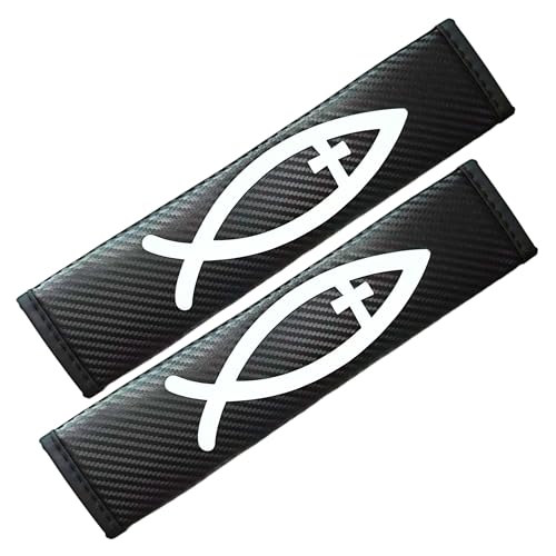 Jesus Cross Fish Seat Belt Strap Cover Pad, Inspirational Interior Car Accessories Decor, for Auto Car Truck Pickup 2026, Carbon Fiber Leather, Shoulder Neck Cushion Protector, Black, 2 PCS - color: Fish