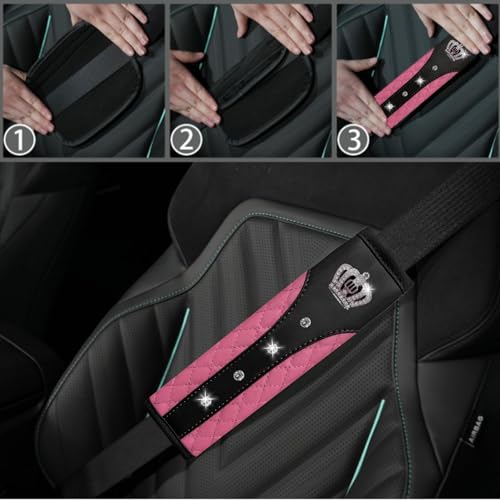 NBTEPEM 6 PCS Bling Car Accessories Set, Leather Steering Wheel Covers Universal 14.5-15 inch, Center Console Cover, Seat Belt Cushion, Cup Holder Coaster (Pink) - color: Pink