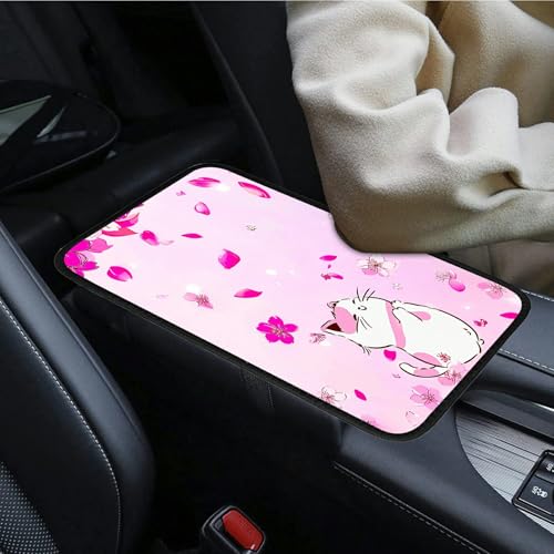 Universal Auto Center Console Pad and 2Pcs Car Coasters Set, Anti Slip Soft Neoprene Car Armrest Seat Box Cover Protector for Most Vehicle - Car Interior Accessories, Pink Flower Cat