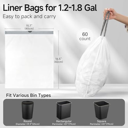 TIPGO Drawstring Trash Bags 60 Count, Pre-Cut 1.6 Gallon Small Garbage Bags, Fit 1.2-1.8 Gallon Trash Bin for Home, Office, Bathroom (Code A) - style: 60 Count