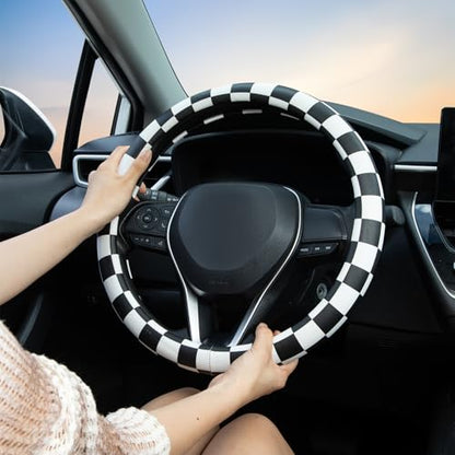 Black and White Race Checkered Steering Wheel Cover Auto Leather Steering Wheel Protector, Anti-Slip, Breathable, Absorbing Sweat, Universal Car Accessories 14.5–15 inch,Fit for Most Car, Trucks, SUV - style: Black and White Race Checkered