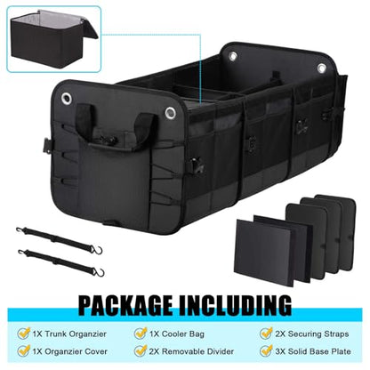 Large Trunk Organizer for Car, SUV, Truck with Removable Cooler Bag-Collapsible Multi Compartments w/Foldable Cover, Non Slip Bottom Cargo Storage (Black) - size: Five Compartment