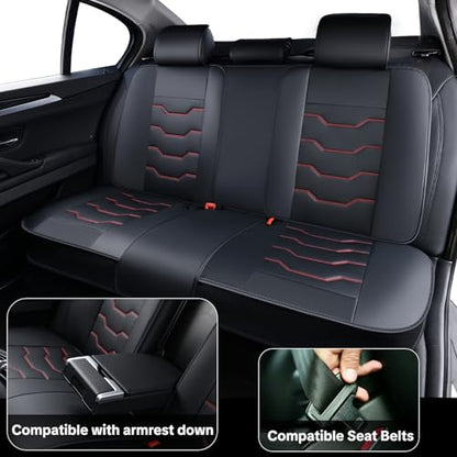 Car Seat Cover Full Set Sets, Universal Car Seat Covers for Cars, Premium Waterproof Leather, Protect & Upgrade Car Interior, Compatible with Airbags, Easy to Install & Clean Up - color: black & Red Edges