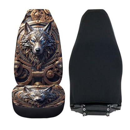 Blue & Gold Punk Wolf Print Car Front Seat Covers, Thin Breathable Easy to Install Automotive Bucket Seat Covers Fits Most Cars SUV Trucks, 2 Piece - color: Blue & Gold Punk Wolf