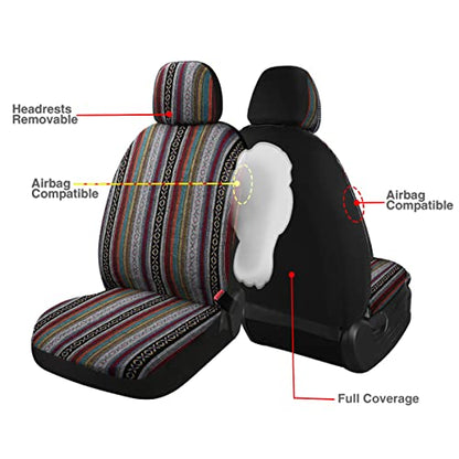 Baja Saddle Blanket Car Seat Covers 4PCS Front, Breathable and Washable Striped Woven Automotive Vehicle Seat Cover, Universal Seat Cover for Sedan, SUV, Truck, Airbag Compatible