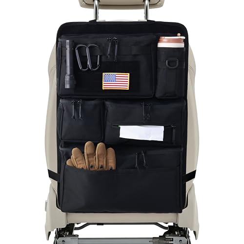 Tactical Car Seat Back Organizer, 600D Nylon MOLLE Seat Organizer with 6 Pockets, Hook and Loop Panel, Universal Fit for Car SUV Truck Jeep, Black